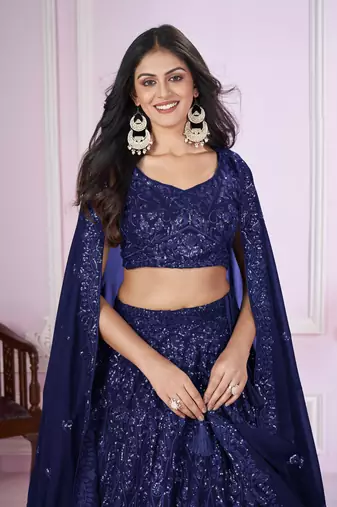Navy Blue Georgette Sequin and Thread Embroidered Lehenga