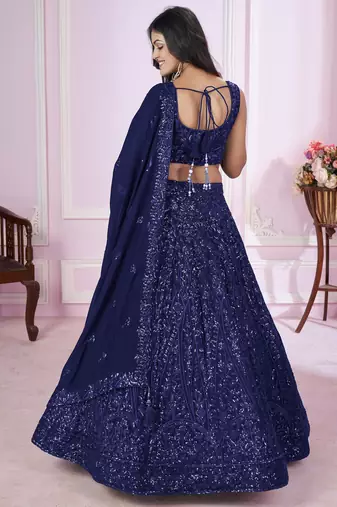 Navy Blue Georgette Sequin and Thread Embroidered Lehenga