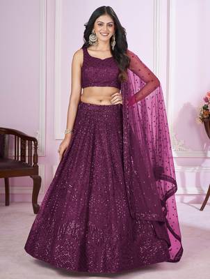 Purple Sequins And Thread Embroidered Soft Net Lehenga Choli 1