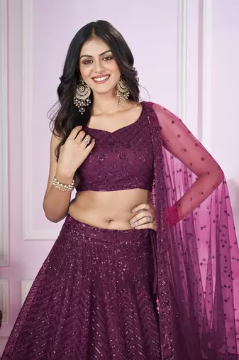 Purple Sequins And Thread Embroidered Soft Net Lehenga Choli
