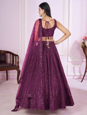 Purple Sequins And Thread Embroidered Soft Net Lehenga Choli 5