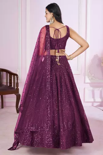 Purple Sequins And Thread Embroidered Soft Net Lehenga Choli