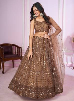  Brown Sequins And Thread Embroidered Soft Net Lehenga Choli 1