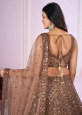  Brown Sequins And Thread Embroidered Soft Net Lehenga Choli 4
