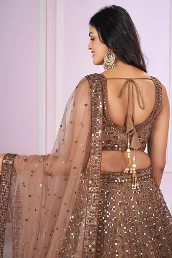  Brown Sequins And Thread Embroidered Soft Net Lehenga Choli