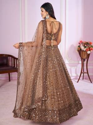  Brown Sequins And Thread Embroidered Soft Net Lehenga Choli 5