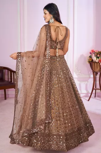  Brown Sequins And Thread Embroidered Soft Net Lehenga Choli