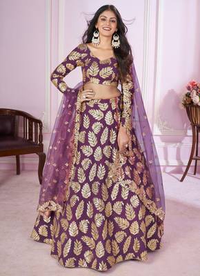  Purple Sequins And Zari Embroidered Georgette Lehenga Choli For Bride 1