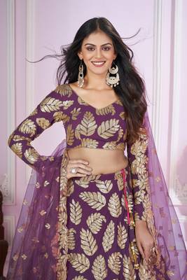  Purple Sequins And Zari Embroidered Georgette Lehenga Choli For Bride 3
