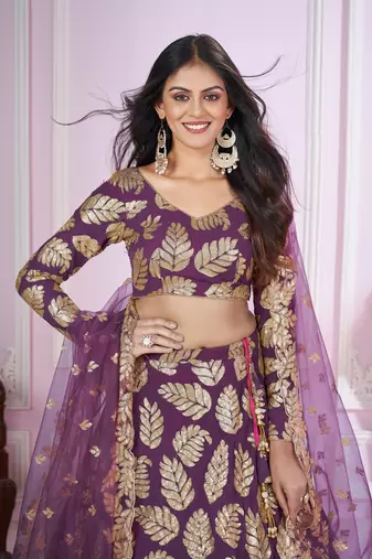  Purple Sequins And Zari Embroidered Georgette Lehenga Choli For Bride