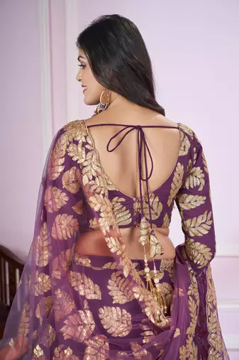  Purple Sequins And Zari Embroidered Georgette Lehenga Choli For Bride