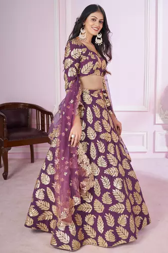  Purple Sequins And Zari Embroidered Georgette Lehenga Choli For Bride