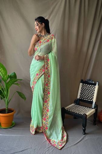 Green Georgette Sequance work embroidary saree with Blouse