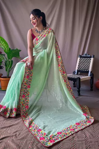 Green Georgette Sequance work embroidary saree with Blouse