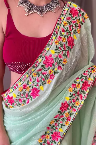Green Georgette Sequance work embroidary saree with Blouse