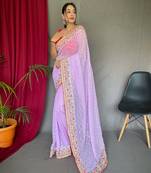 Women Purple Georgette Silk Saree And Embroidery Work Rich Pallu Saree With Blouse For Women