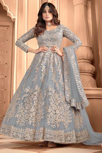 Grey embroidered coting work net semi stiched anarkali wedding gown