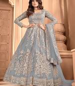 Grey embroidered coting work net semi stiched anarkali wedding gown