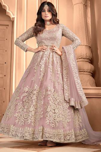 Light pink embroidered coting work net semi stiched anarkali wedding gown