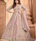 Light pink embroidered coting work net semi stiched anarkali wedding gown