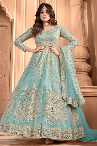 Light blue embroidered coting work net semi stiched anarkali wedding gown