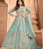 Light blue embroidered coting work net semi stiched anarkali wedding gown