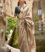 Cream Banarasi silk blend Jacquard Contemporary Saree With Unstiched Blouse