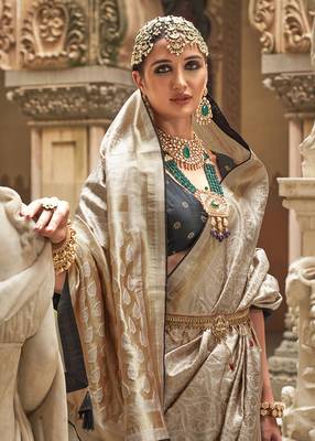 Cream Banarasi silk blend Jacquard Saree 2