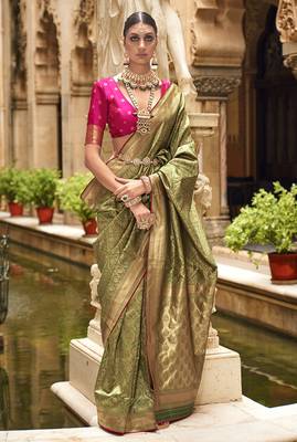 Jacquard Olive Banarasi silk blend  Saree 1