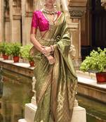 Jacquard Olive Banarasi silk blend Classic Saree With Unstiched Blouse