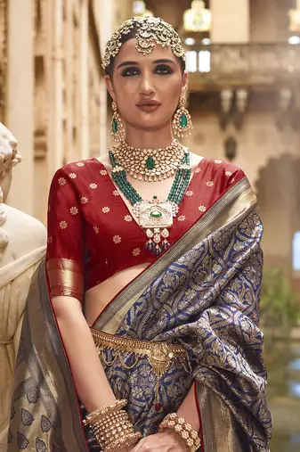 Banarasi silk blend Navy Blue Jacquard Work Saree