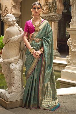 Banarasi silk blend Jacquard Saree In Teal Green 1