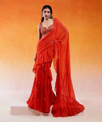 Scarlet Red Embroidered Saree Set 1