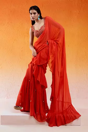 Scarlet Red Embroidered Saree Set