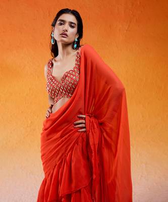 Scarlet Red Embroidered Saree Set 3