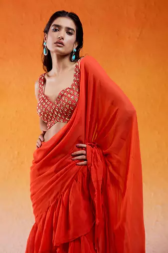 Scarlet Red Embroidered Saree Set