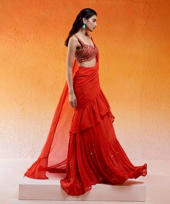 Scarlet Red Embroidered Saree Set 4