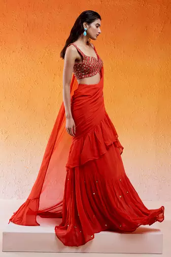 Scarlet Red Embroidered Saree Set