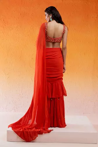 Scarlet Red Embroidered Saree Set