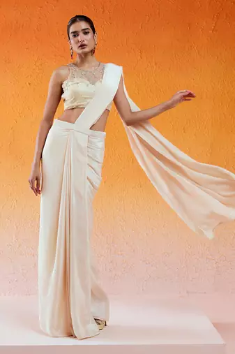 Ivory Embroidered Saree Set