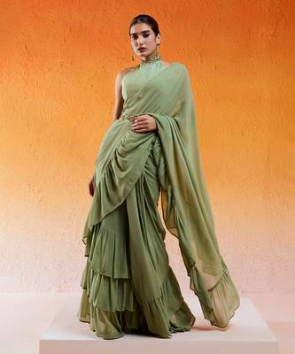 Pista Green Embroidered Drape Saree Set With Belt 1