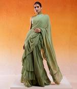 Pista Green Embroidered Drape Saree Set With Belt