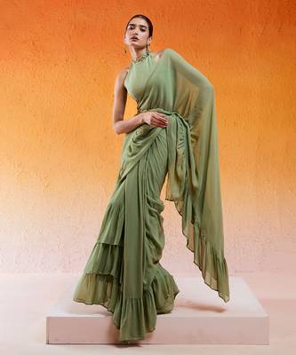 Pista Green Embroidered Drape Saree Set With Belt 2