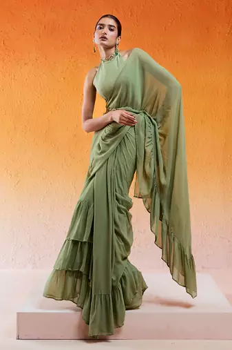 Pista Green Embroidered Drape Saree Set With Belt