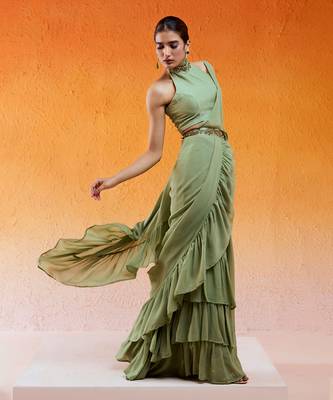 Pista Green Embroidered Drape Saree Set With Belt 3