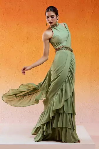 Pista Green Embroidered Drape Saree Set With Belt