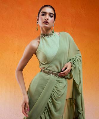 Pista Green Embroidered Drape Saree Set With Belt 4