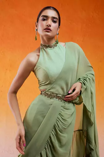 Pista Green Embroidered Drape Saree Set With Belt
