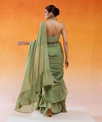 Pista Green Embroidered Drape Saree Set With Belt 5