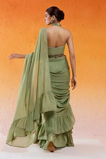Pista Green Embroidered Drape Saree Set With Belt